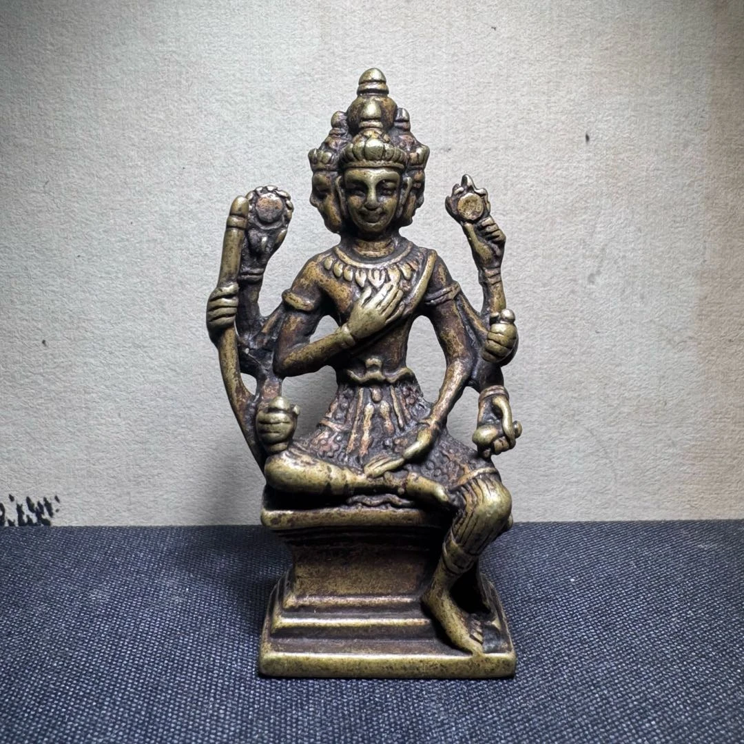古黄铜四面八臂佛小摆件尼泊尔密宗佛铜像古玩工艺品桌面玄关摆设
