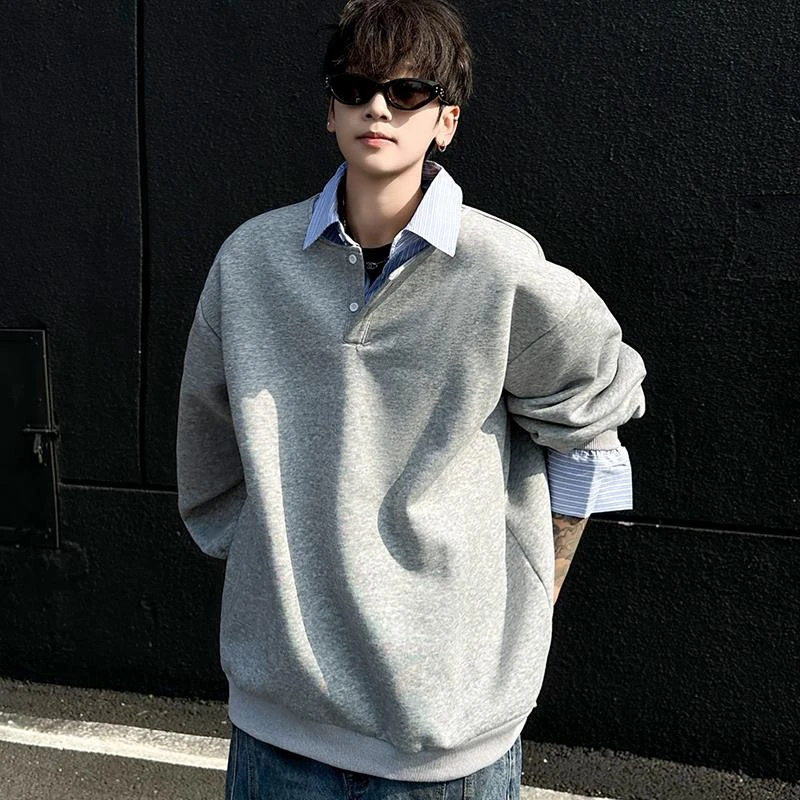 男装复古假两件拼接翻领卫衣男女秋季潮牌高级感宽松情侣休闲套