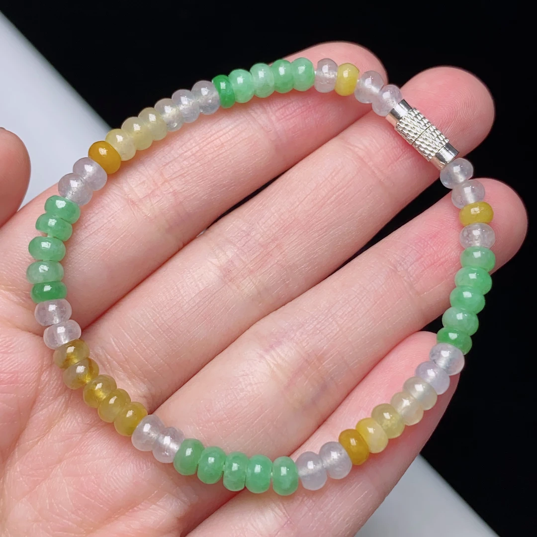缅甸天然翡翠A货冰种多宝算盘珠手链卡4.8mm彩色素圈百搭渐变
