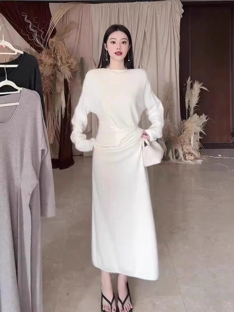 3069毛衣裙富家千金高级感穿搭打底内搭白色连衣裙女2025新款秋季