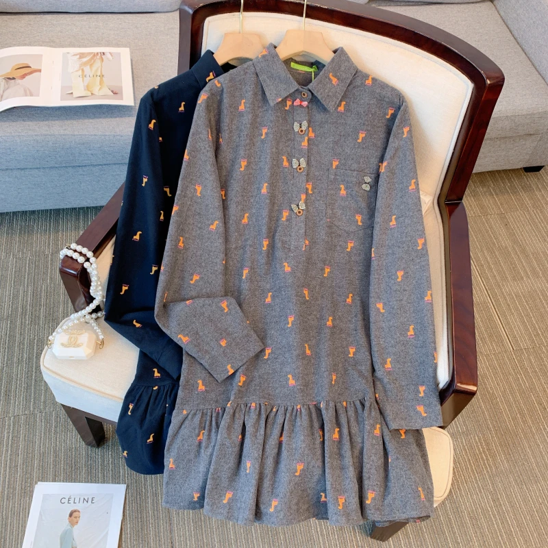 3655大码女装长袖衬衫裙宽松中长款套头打底连衣裙裙9837