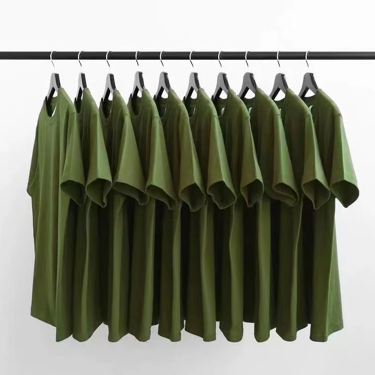 复古军绿色重磅纯棉圆领短袖t恤男夏季橄榄绿宽松休闲半袖体恤女