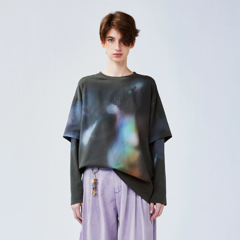 UOOYAA/乌丫 2025春季新款「我爱我家」梦幻光晕猫咪假两件T恤 5181