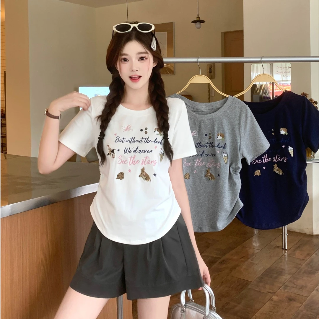 2025年大码女装夏基础款圆领正肩刺绣短袖T恤3236