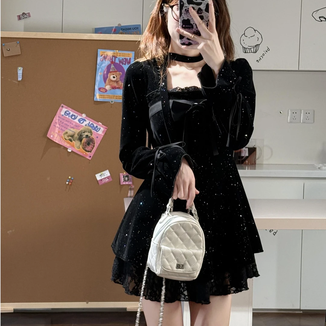 玫瑰果酱黑色 织物猪原创 秋冬新年氛围感公主千金显瘦连衣裙短裙