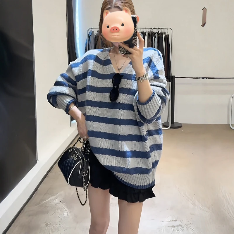 巨好看的法式V领条纹套头毛衣女秋冬宽松长袖针织衫早秋chic上衣