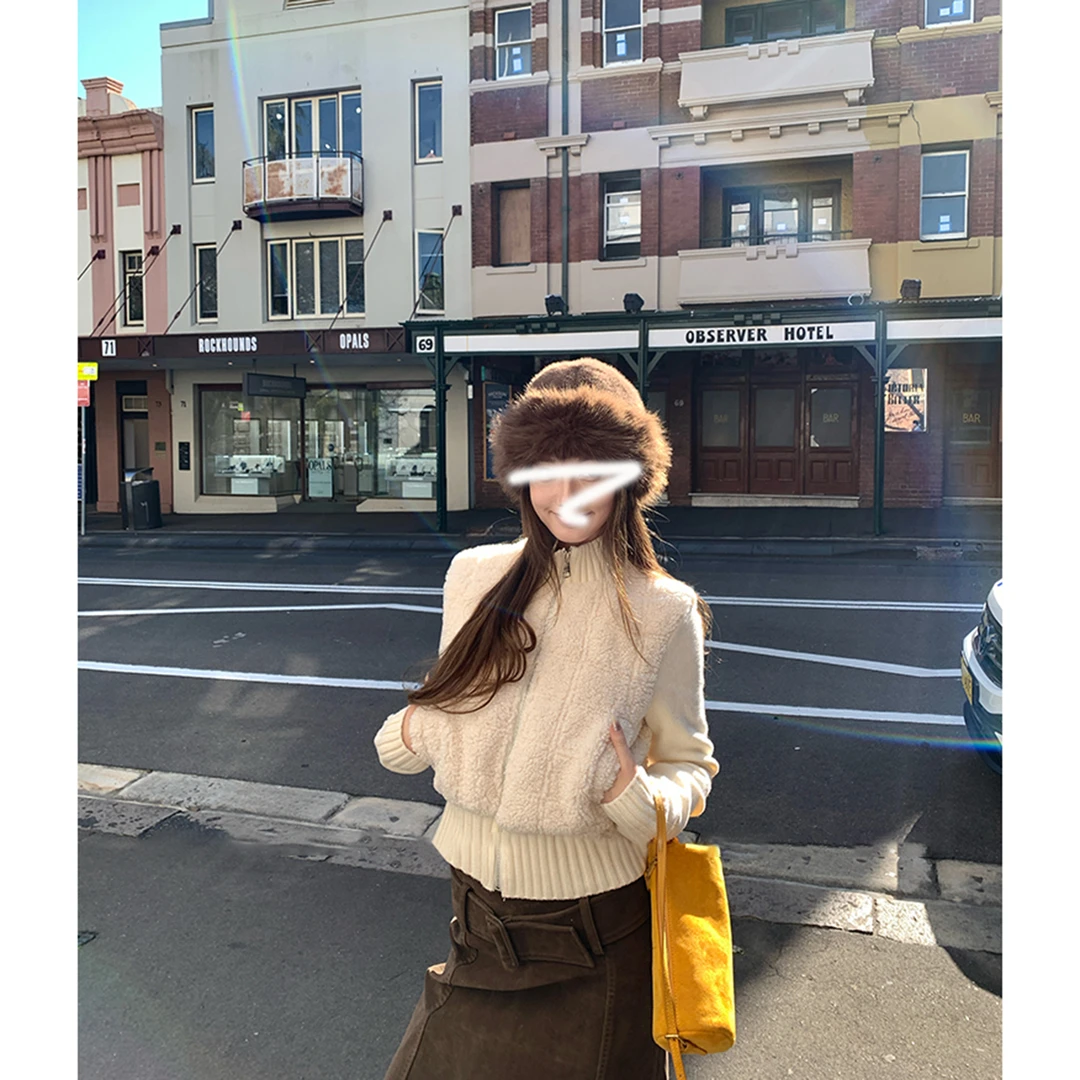 '乖嗲小奶卷' 针织袖拼接圈圈毛拉链外套女秋冬韩版百搭时尚洋气