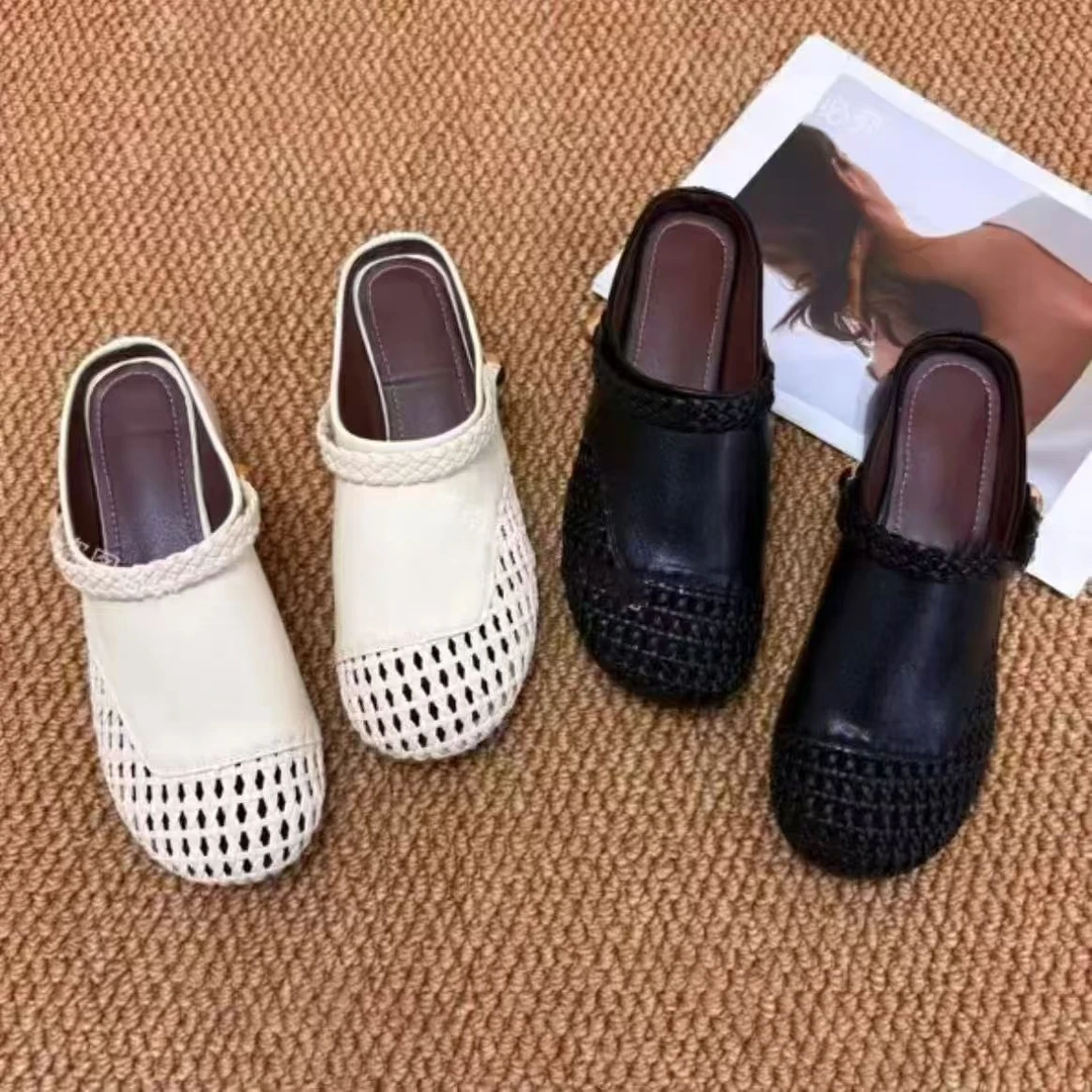 （真软皮撤柜）2025新款夏季外穿拖鞋镂空透气编织半托鞋女时尚拖鞋