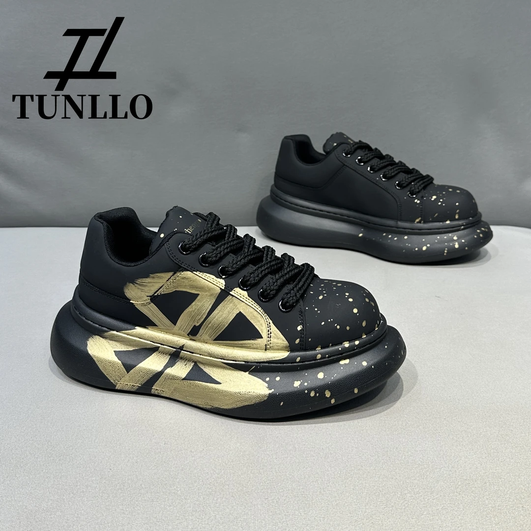 轻奢男鞋秋季新款厚底增高休闲鞋潮流百搭运动鞋时尚涂鸦面包鞋男