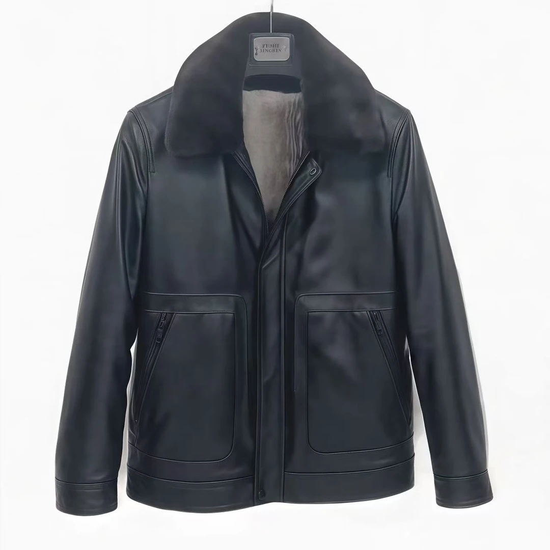 皮城雪豹头层牛皮休闲时尚真皮皮衣商务加绒秋冬皮衣男82051-YR