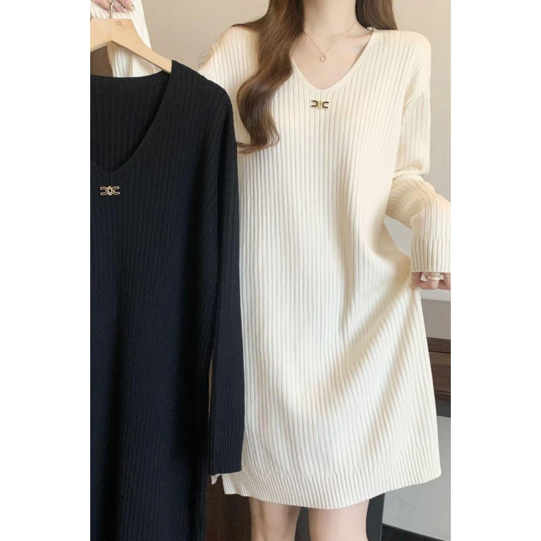 连衣裙女秋冬新款感气质领大码胖宽松显瘦遮肚针织打底裙时尚潮流