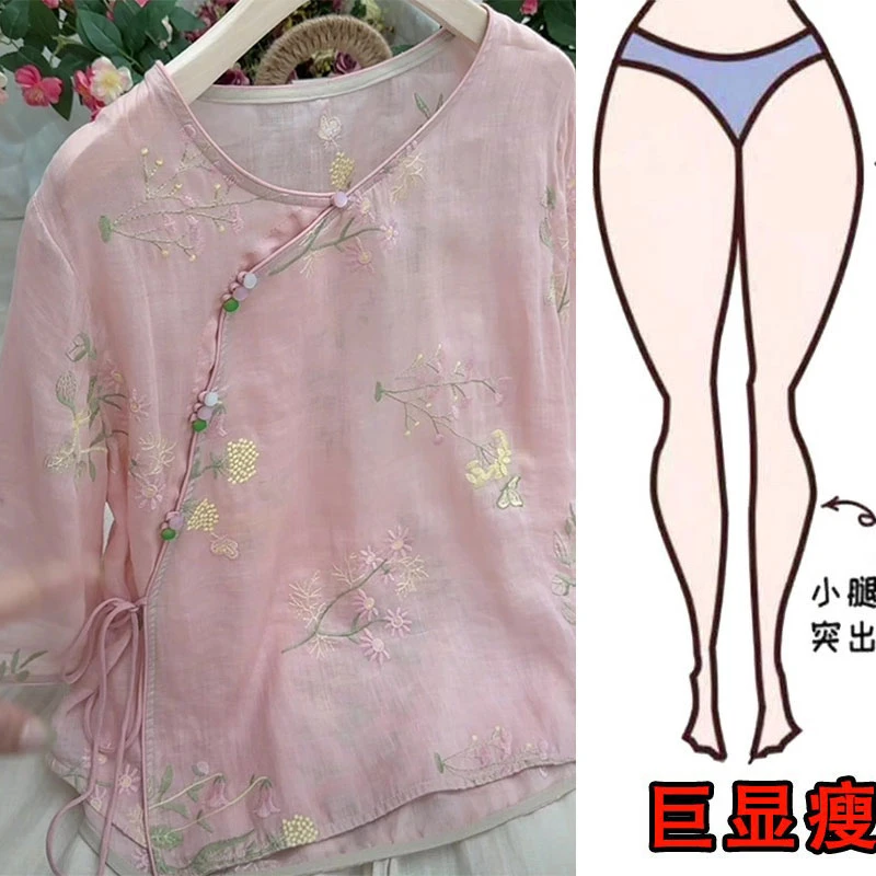 2025夏季新款大码女装复古斜襟刺绣苎麻小衫新中式琉璃扣衬衫上衣