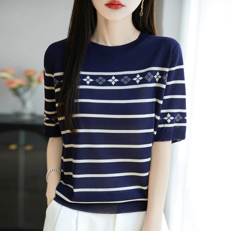 甄选莱赛尔天丝 针织短袖四叶草夏季条纹圆领 贴身超舒服透气柔软