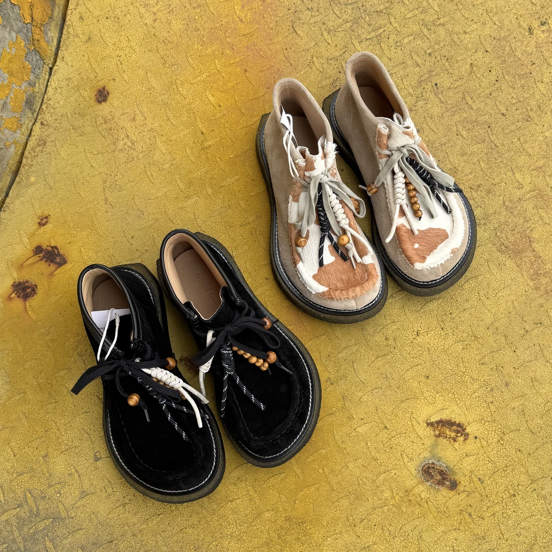 小众设计师改良款个性复古真皮沙漠靴马毛袋鼠鞋休闲乐福皮鞋子潮