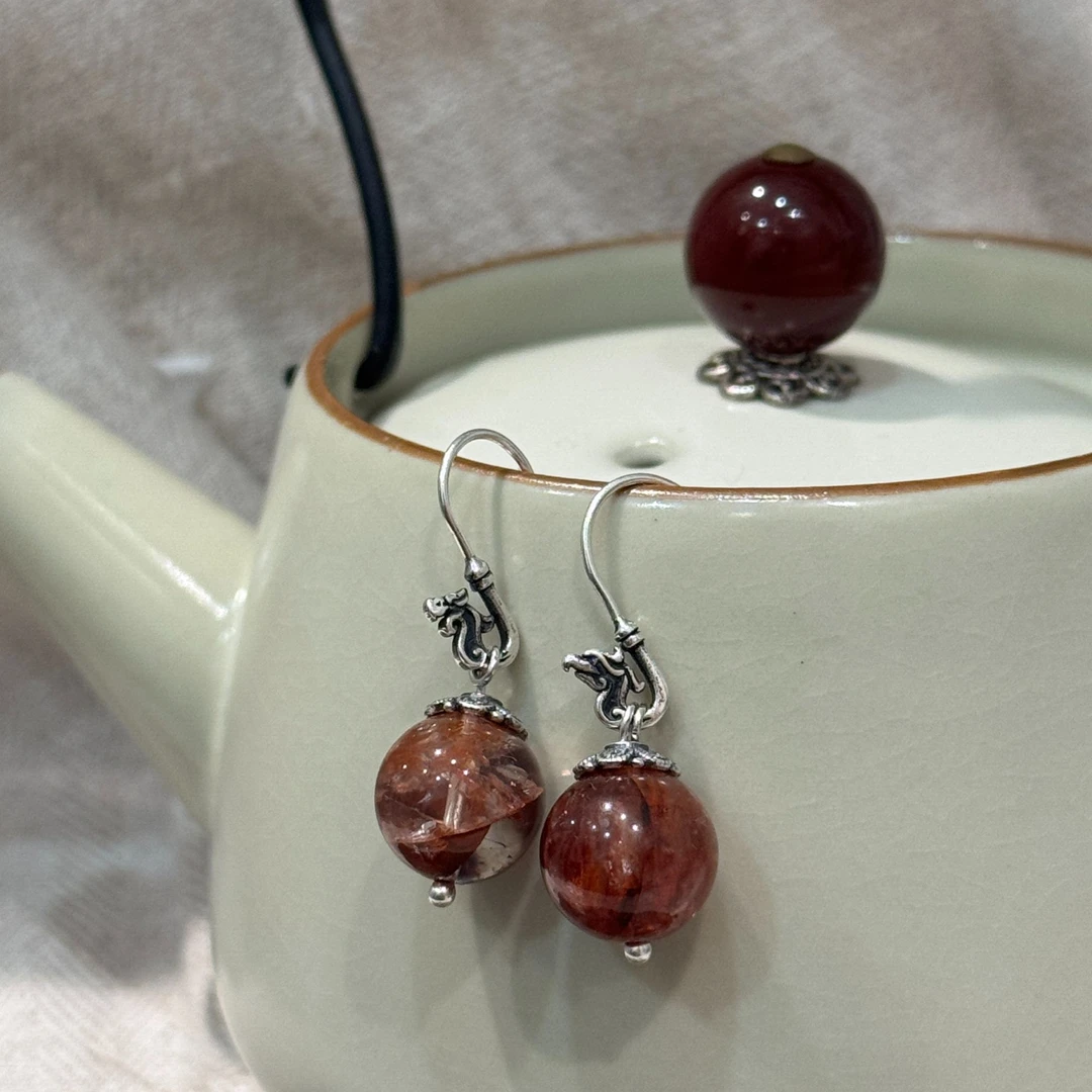 <一禅兄>S925银红胶花龙凤耳钩 AB款复古红色多样性