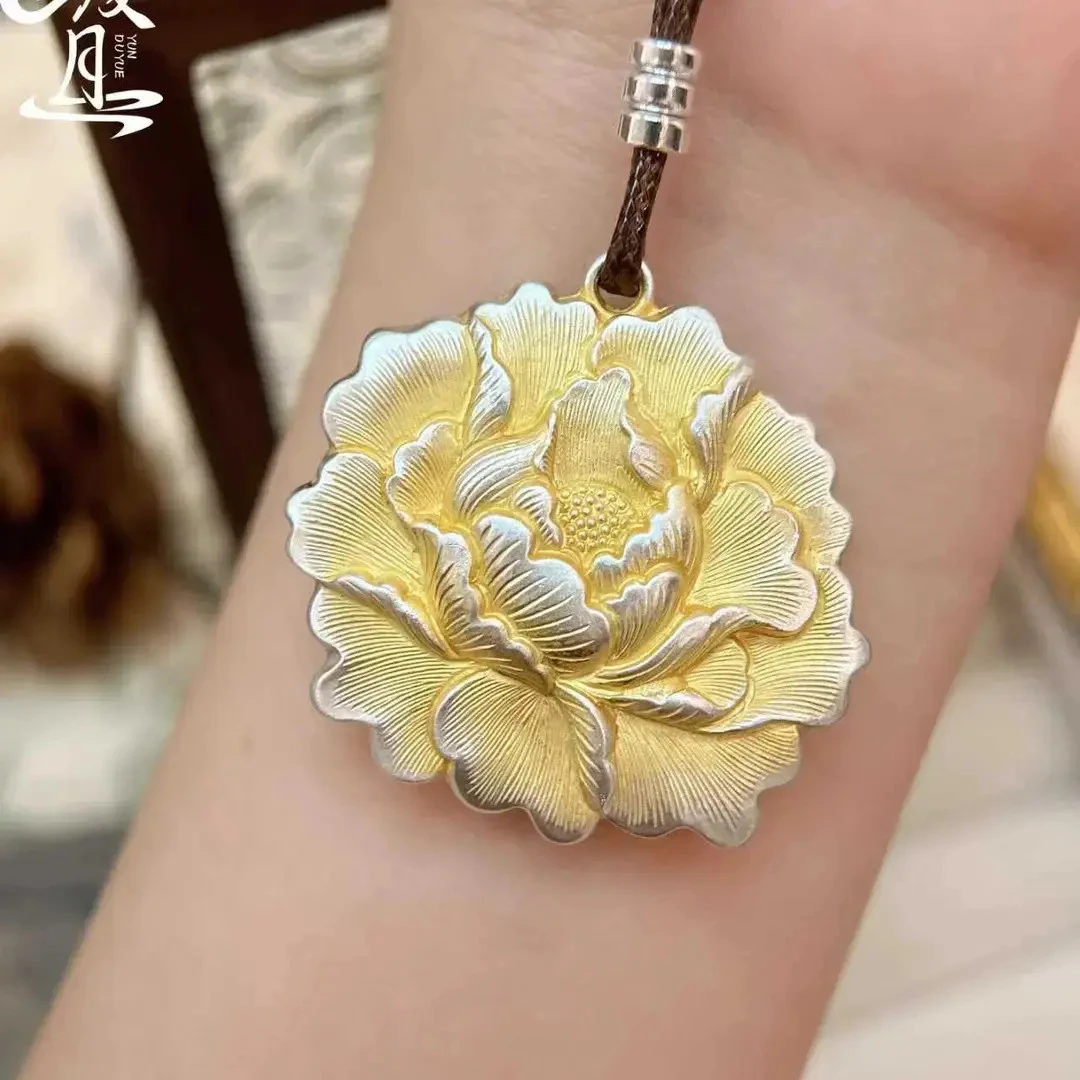 描金牡丹花吊坠套链999.9银实心吊坠女士新中式百搭