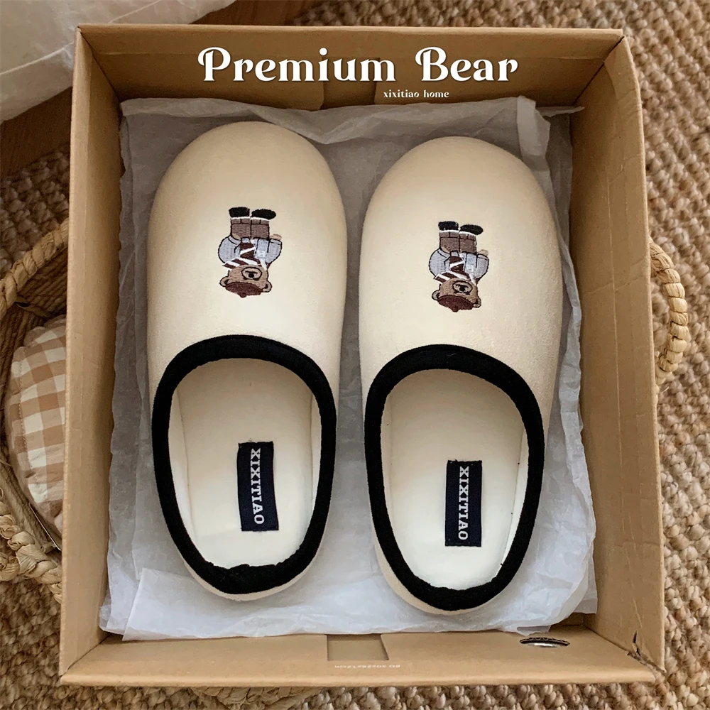 细细条 男女包头情侣时尚地板鞋春夏居家吸汗ins刺绣小熊棉麻拖鞋