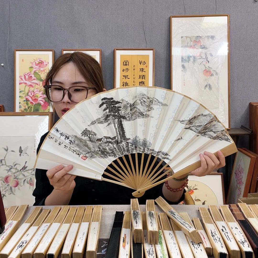 国画10寸玉竹-纯手绘-文玩扇骨（默认粘好）