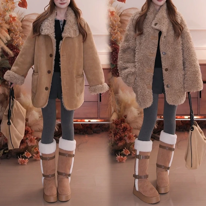 韩系双面穿复古氛围感短外套女加厚保暖毛绒上衣保暖纯色棉服