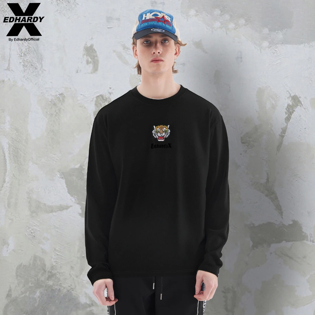 EDHARDY X基础百搭宽松简约虎头绣花长袖T恤X1C3VO210347