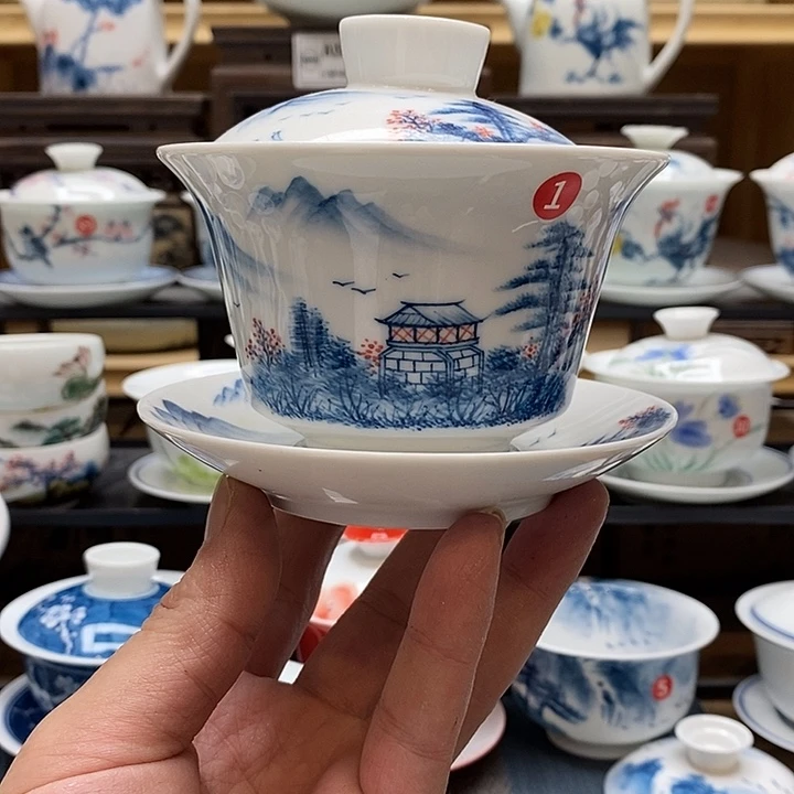 手绘微瑕山水盖碗