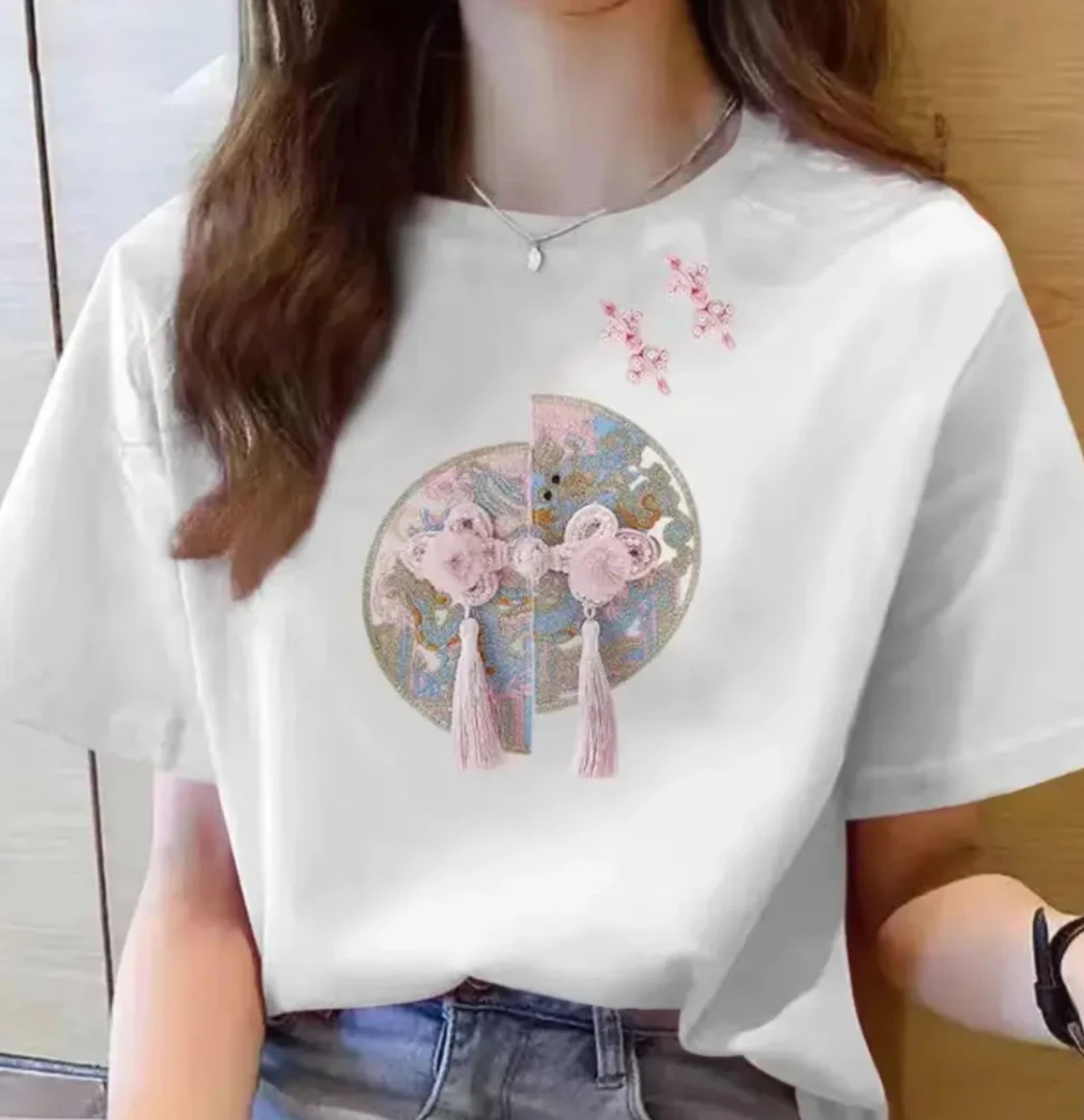 短袖百搭休闲上衣男女同款圆领国风白色宽松韩版印花T恤-粉流苏