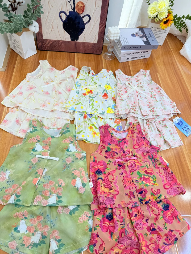 儿童碎花棉绸套装夏季薄款洋气无袖棉绸短裤背心两件套