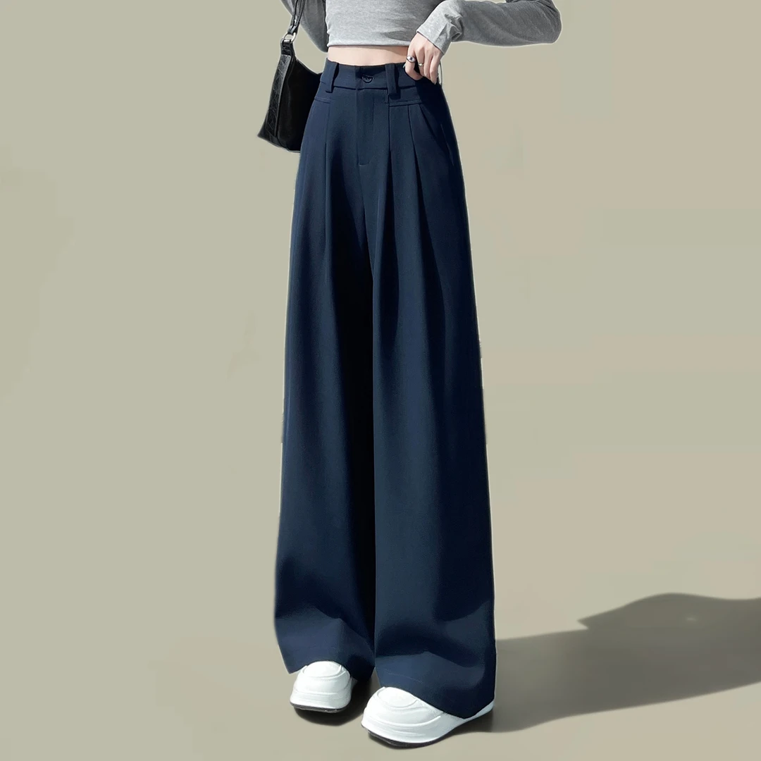 藏青色高级感西装阔腿裤女2025春秋新款高腰垂感休闲宽松直筒裤子