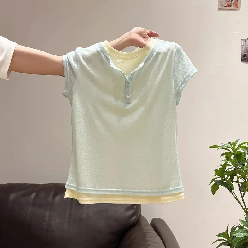 减龄时尚撞色拼接假两件短袖T恤女夏季2025新款修身显瘦绝美上衣