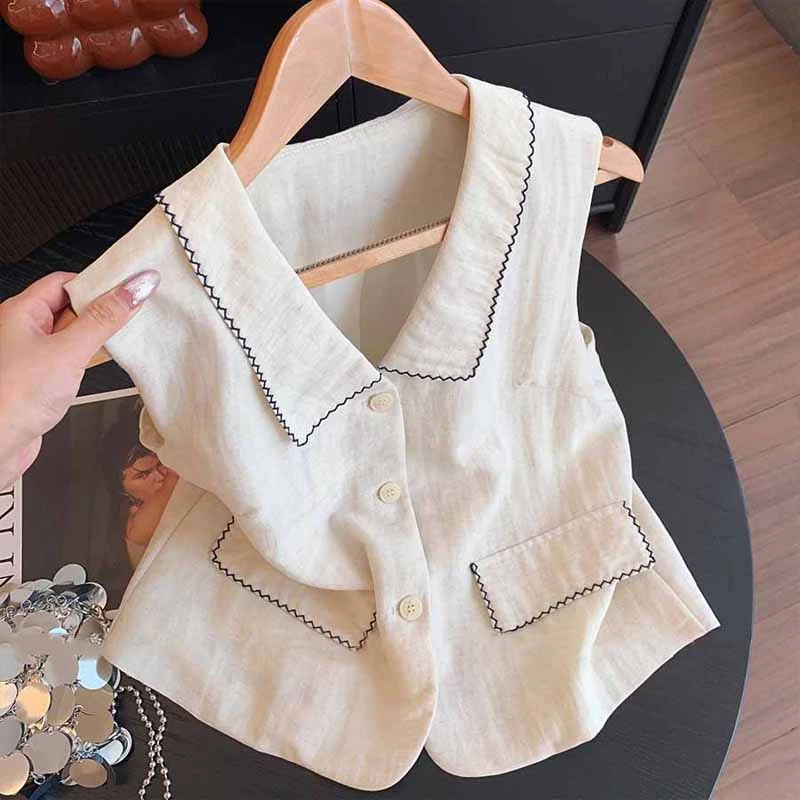 新款个性洋气法式宽松明线设计夏季大码宽松马夹女士翻领百搭小衫