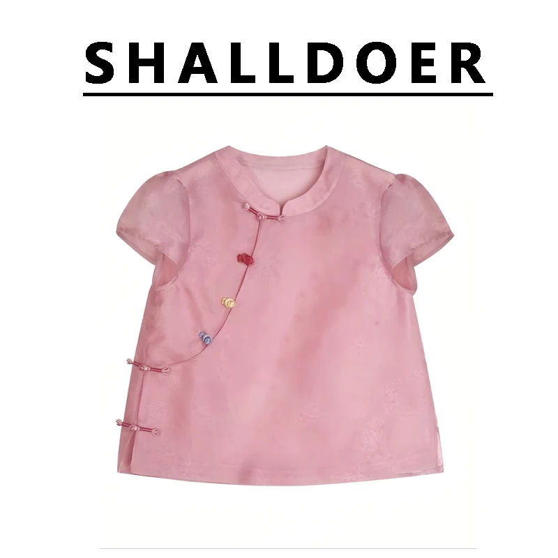 气质千金风彩扣设计感新中式斜襟短袖衬衫女时尚百搭高级感上衣