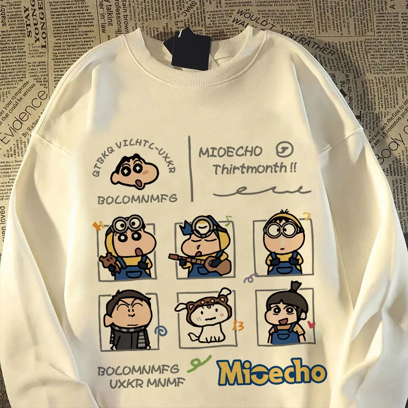 冬季新款男女童加绒圆领卫衣日系蜡笔小新印花宽松潮牌上衣中大童