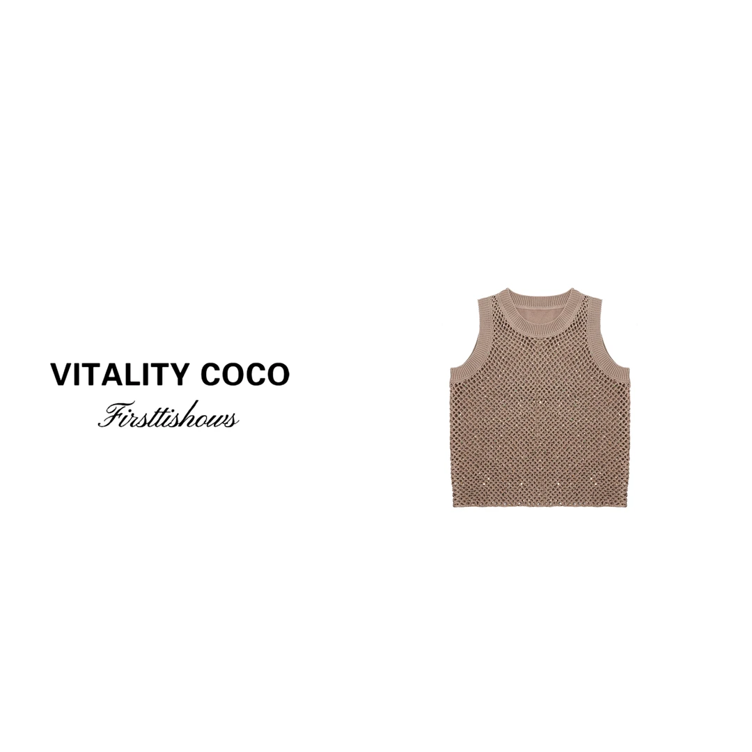 首秀·无袖上衣女夏季洋气女装2025圆领亮片镂空亚麻女背心-2198