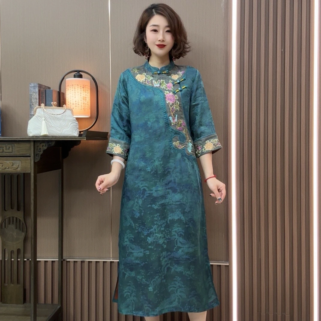 【蓝茵】新中式国风复古刺绣香云纱蓝色系连衣裙