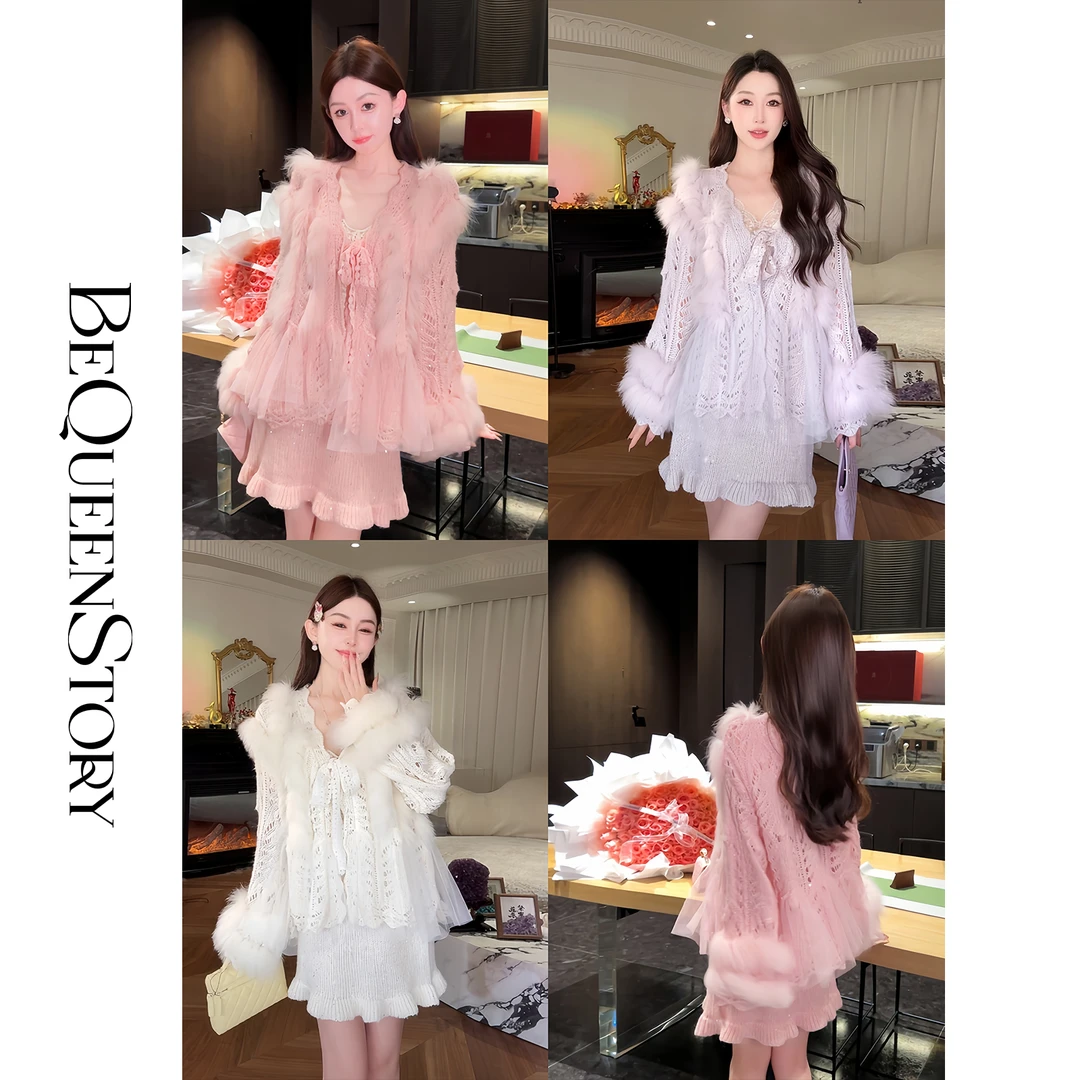 余潇潇【心动蜜语】羊毛混纺镂空针织拼狐狸毛开衫&荷叶边半裙套装