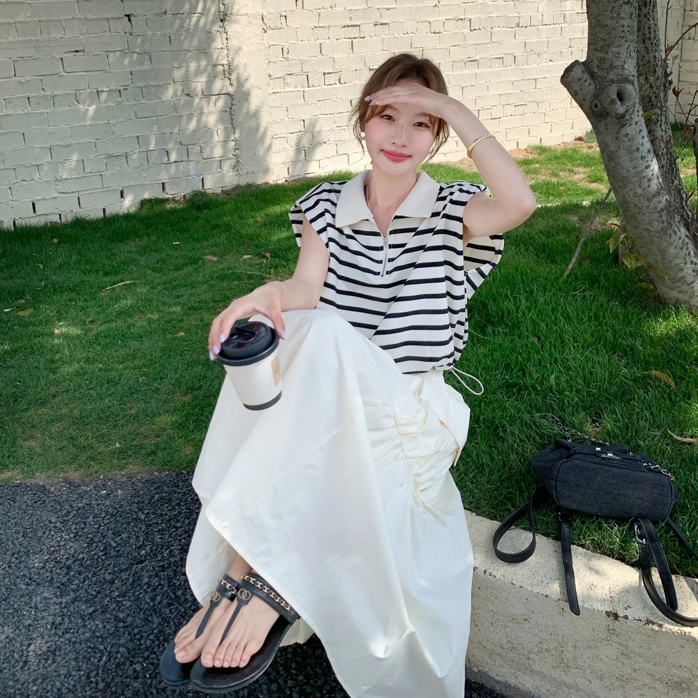 韩系休闲减龄穿搭一整套夏季新款超好看条纹背心半身裙两件套套装