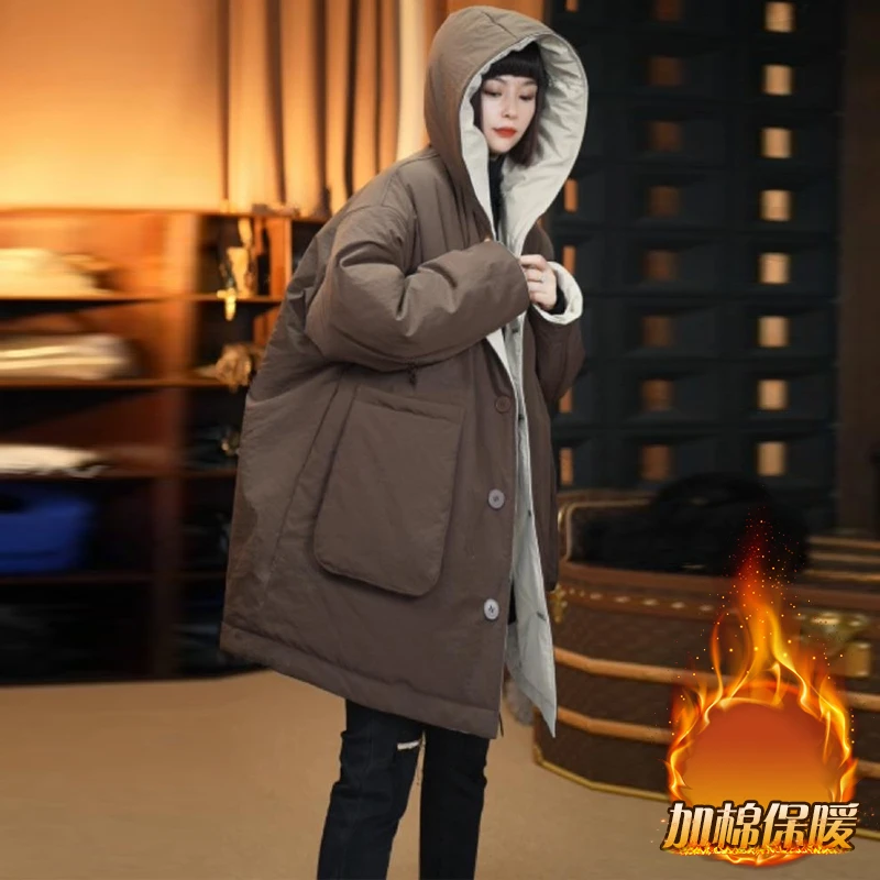 2025冬季新款欧洲站显瘦减龄休闲两面穿连帽棉服女小个子外套棉袄