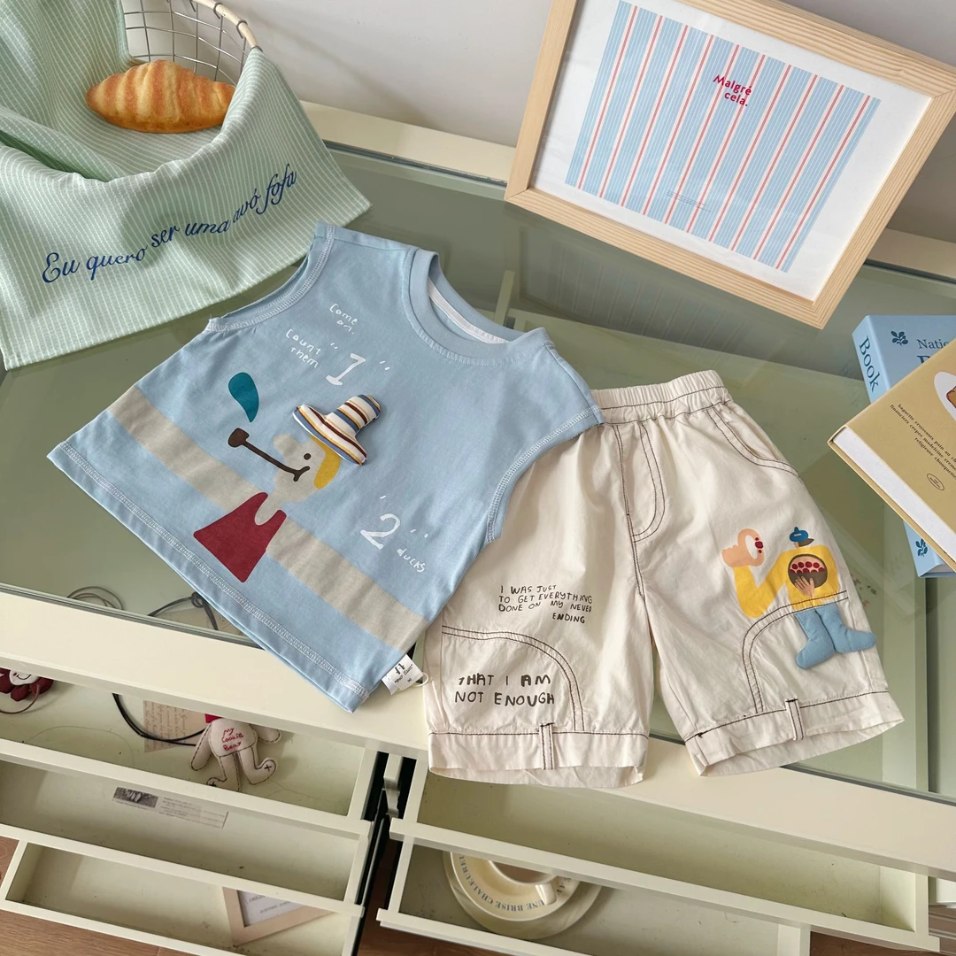 【断码清仓】XT255169男小童2025夏新品卡通背心印花纯棉短裤套装