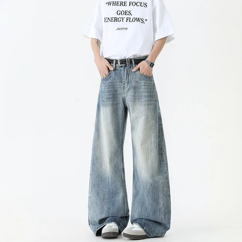 夏季美式cleanfit竹节纹弯刀牛仔裤男女同款宽松直筒复古阔腿裤子