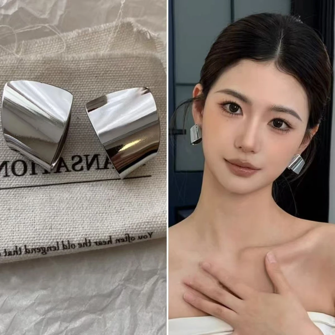 冷淡风高级感光面几何大方片耳环女夸张个性欧美曲面通勤百搭耳钉