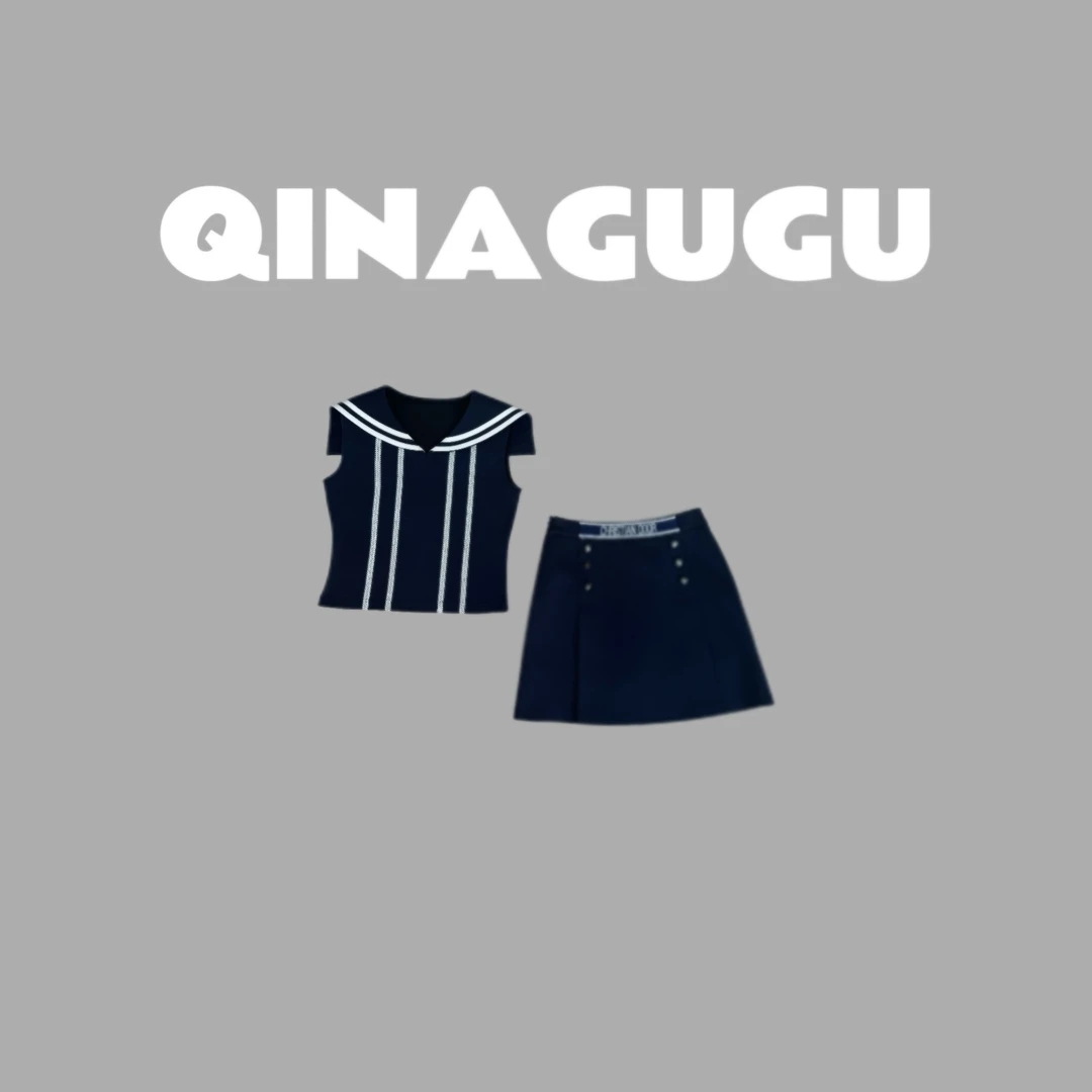 「蔚蓝水手」气质轻奢时尚设计师高定韩版休闲连帽无袖短裙套装