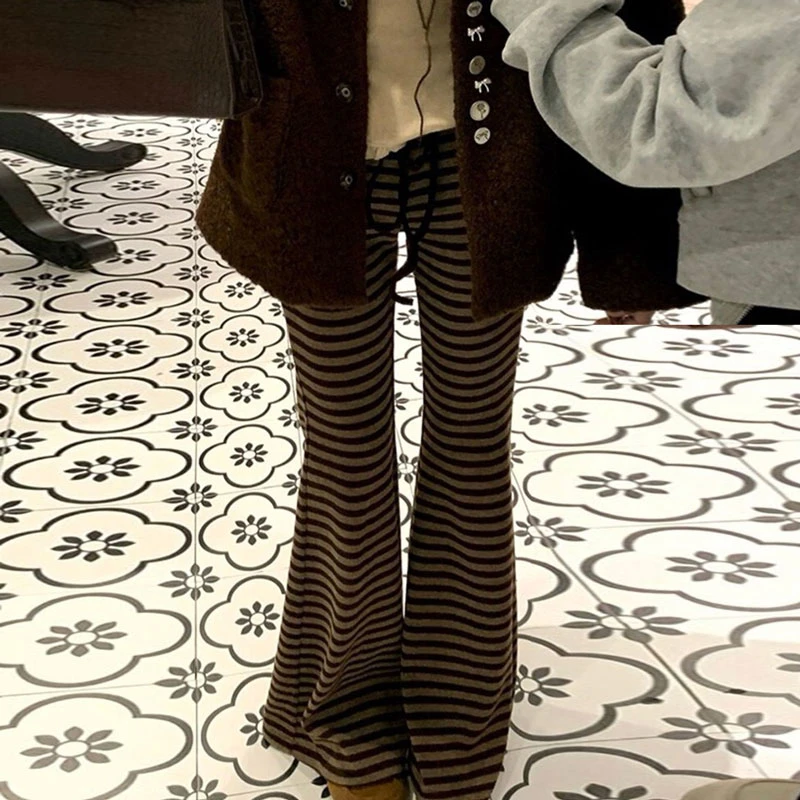 慵懒风加绒加厚条纹微喇裤女冬季高腰显瘦垂感休闲宽松针织糯米裤
