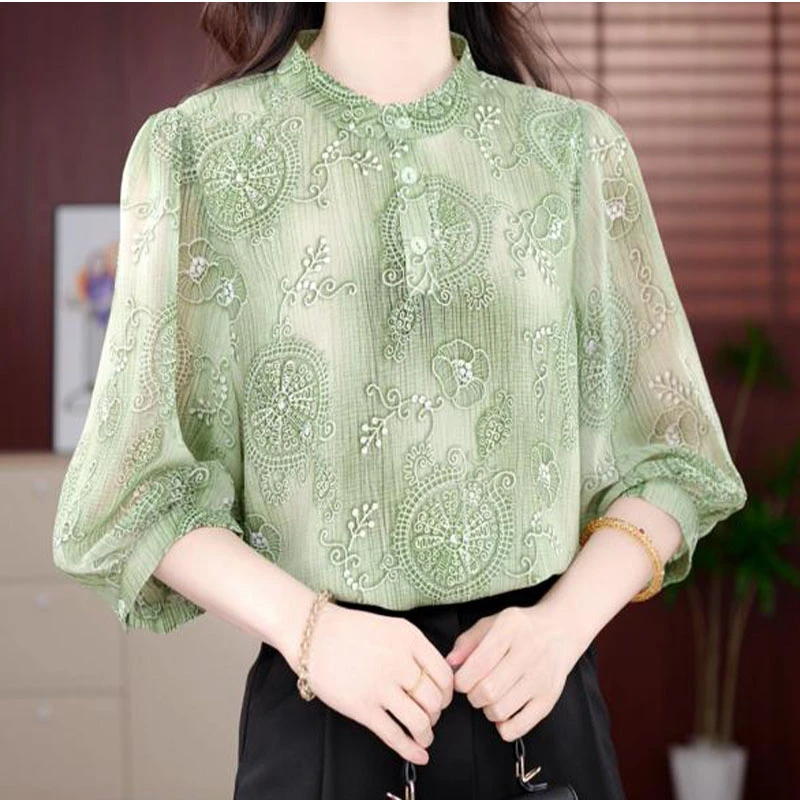 翡翠绿竹2025夏季新款清凉透气轻职风S百搭宽松显瘦气质上衣小衫