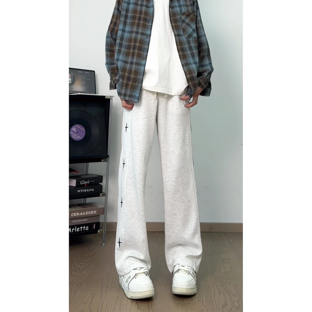 星星刺绣运动卫裤男款秋季美式复古潮牌阔腿裤情侣弯刀微喇长裤子