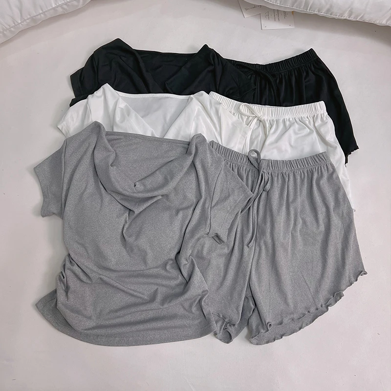 高级感纯色带胸垫睡衣女士春夏季短袖短裤两件套新款纯欲风家居服