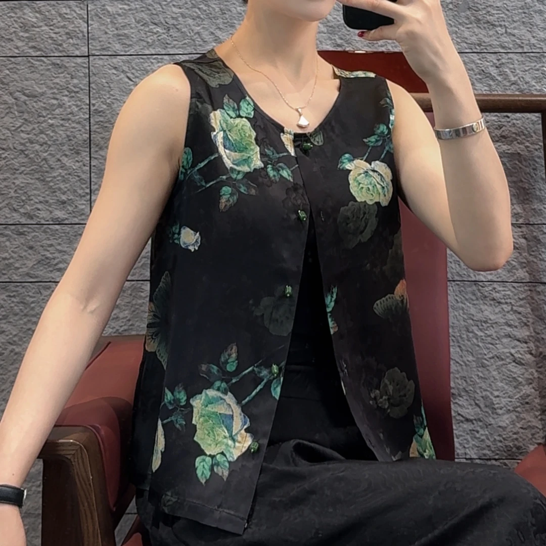 【夜阑珊】2025新款夏季马甲新中式圆领提花薄款国风马夹女
