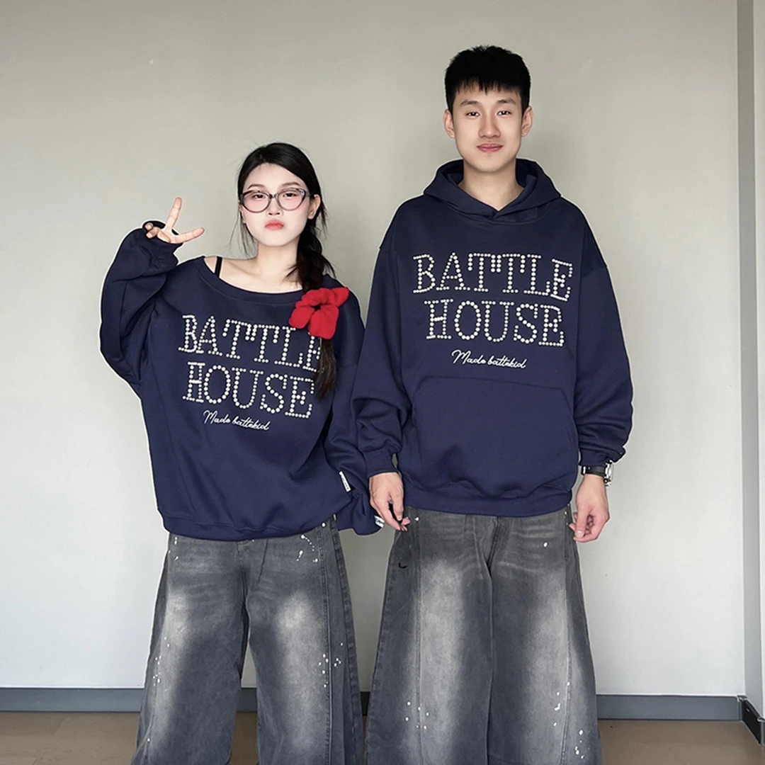 秋季美式复古街头英文字母钉珠斜肩连帽卫衣情侣宽松休闲百搭上衣