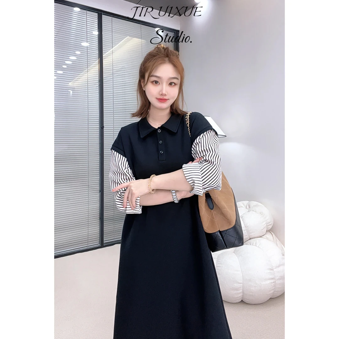 清清款 秋季新款polo领法式拼接条纹袖黑色连衣裙时尚气质显瘦
