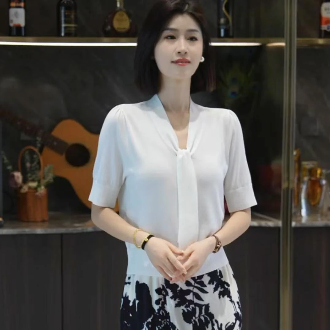 MINGGANG/名港【桑蚕丝+天丝】飘带款亮丝显瘦针织衫 MG8190