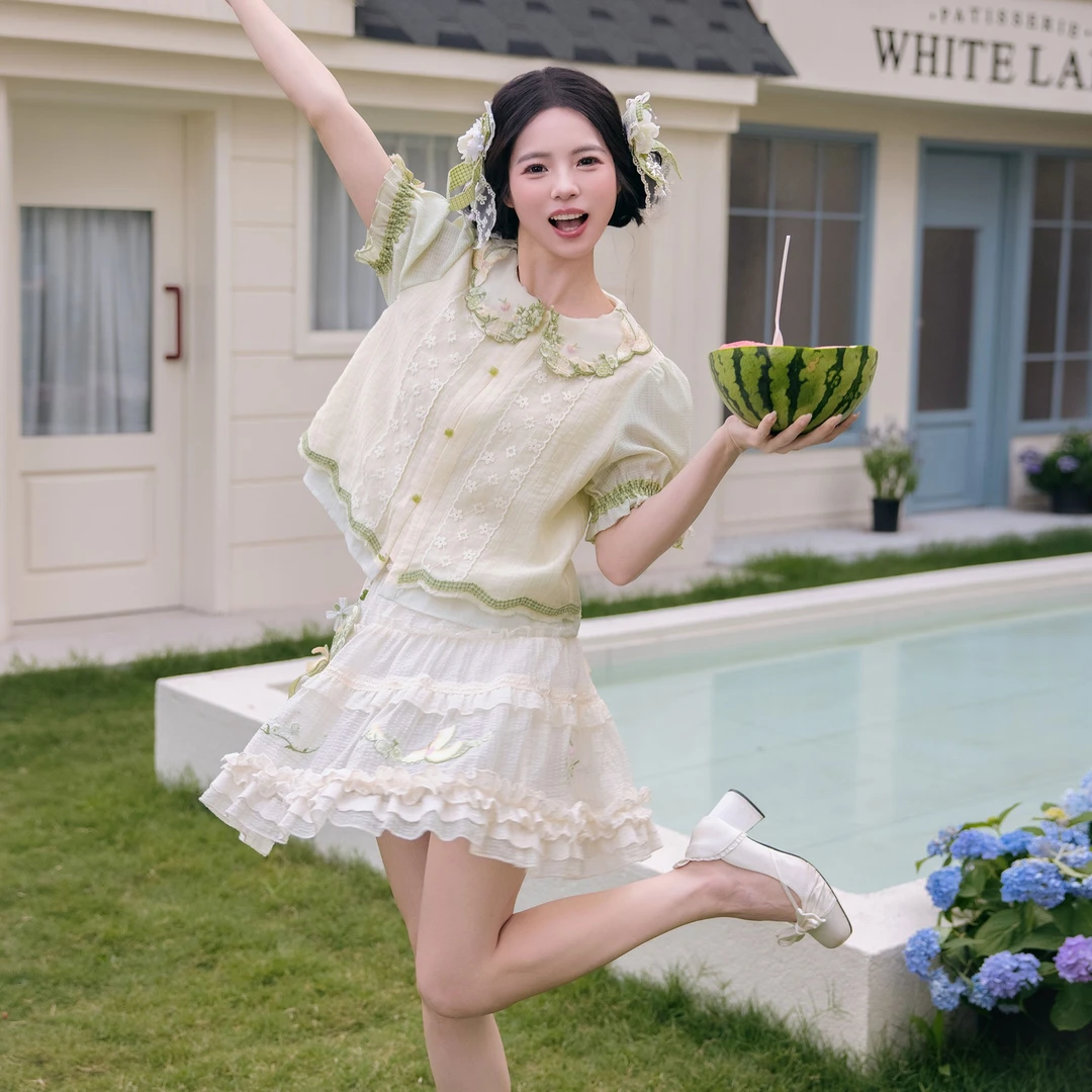 造镜集【玫珑茉莉】新中式上衣甜美气质泡泡袖夏娃娃领休闲南瓜短裤